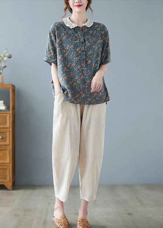 Vintage Peter Pan Collar Button print Tops Short Sleeve harem pants Two Pieces Set