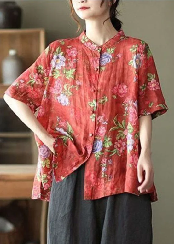 Vintage Red Stand Collar Print Cotton Shirt Tops Short Sleeve