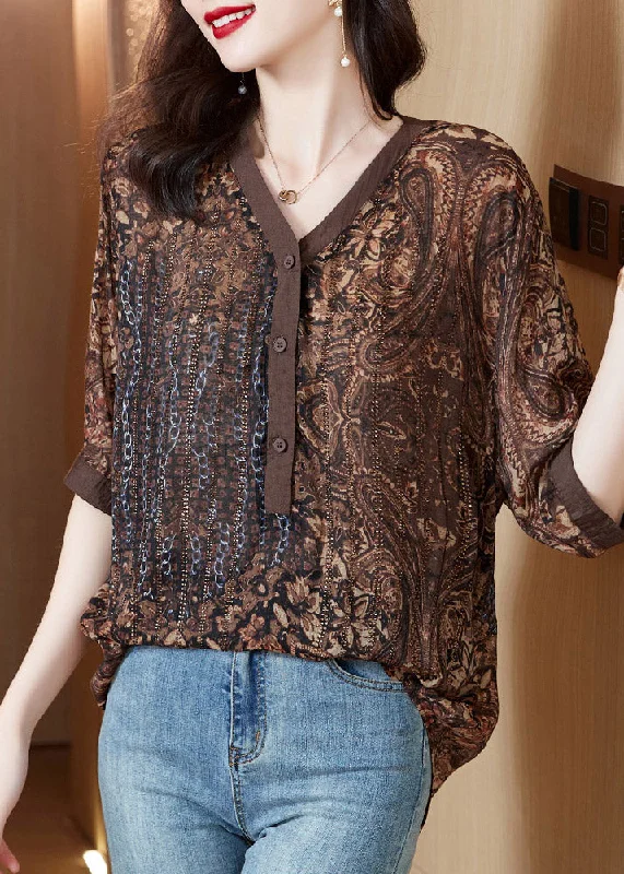 Women Coffee V Neck Print Low High Design Chiffon Tops Short Sleeve