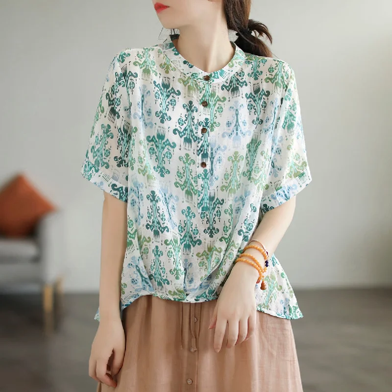 Women Summer Retro Floral Thin Linen Short Sleeve Blouse