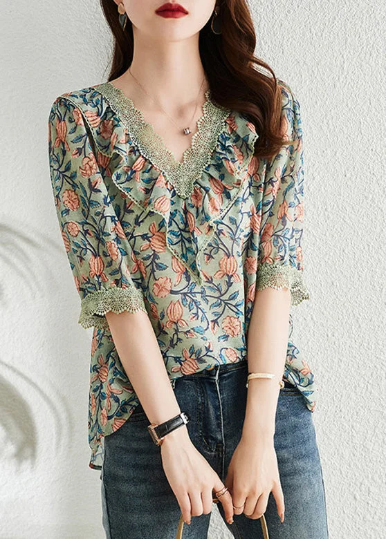 Women V Neck Print Lace Patchwork Top Short Sleeve