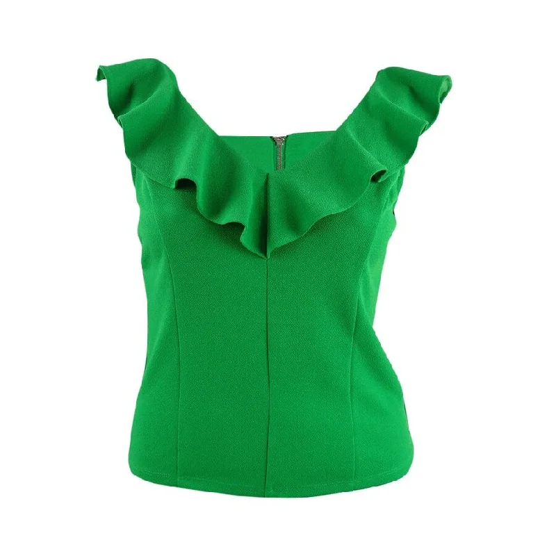 Bar III Women's V-Neck Ruffled Top (L, Bright Pine)