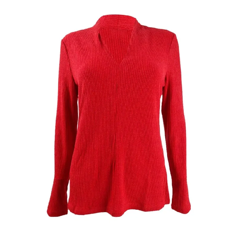 DKNY Women's Slim V-Neck Top (M, Engine Red)