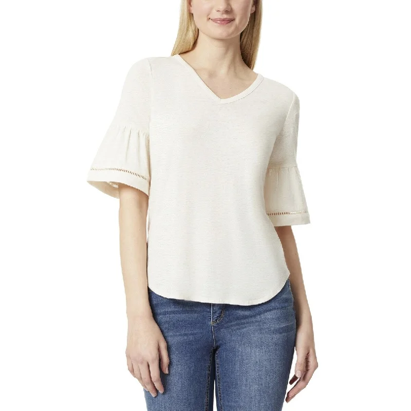 Jones New York Women's Slub Flounce Sleeve V Neck Top With Trim White Size X-Large