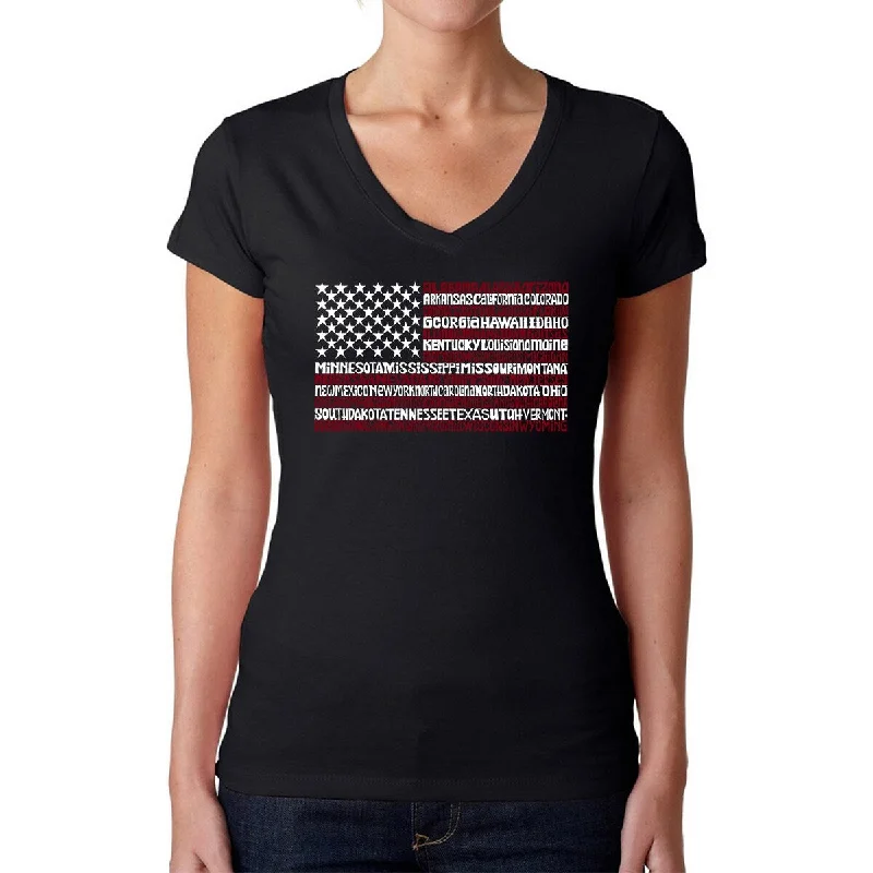 LA Pop Art Women's Word Art V-Neck T-Shirt - 50 States USA Flag