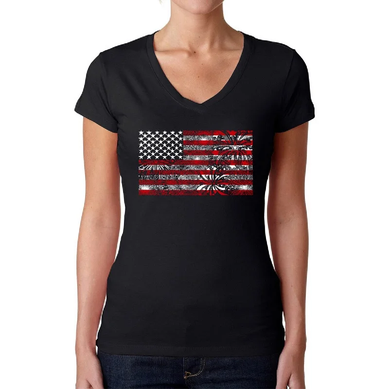 LA Pop Art Women's Word Art V-Neck T-Shirt - Fireworks American Flag