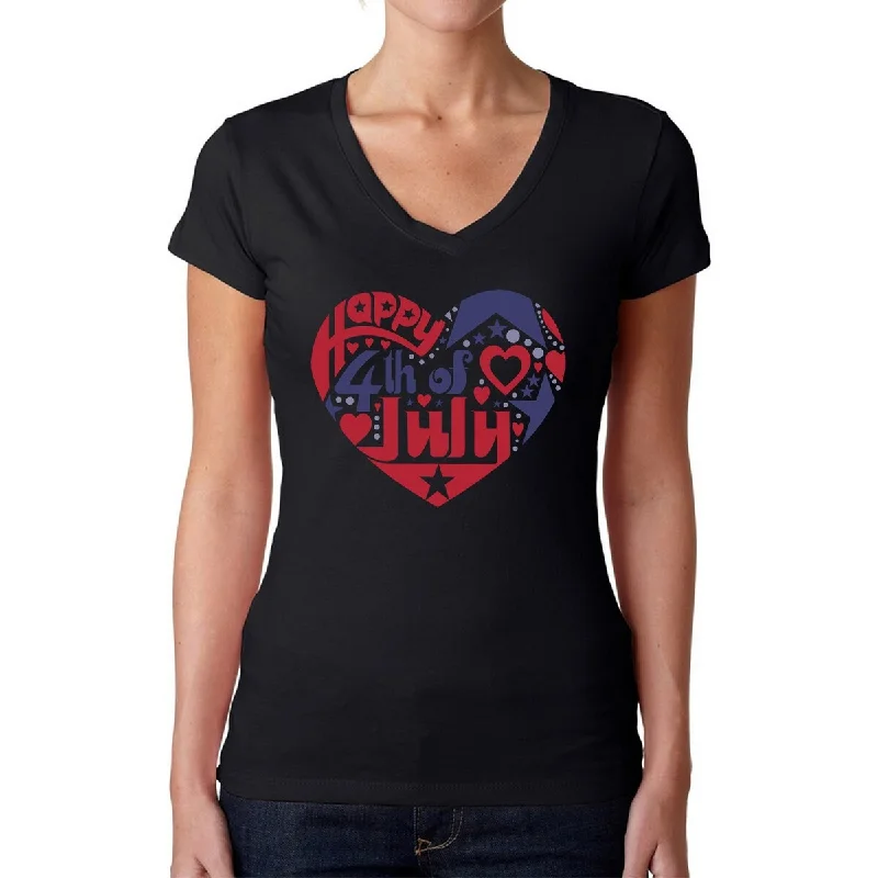 LA Pop Art Women's Word Art V-Neck T-Shirt - July 4th Heart