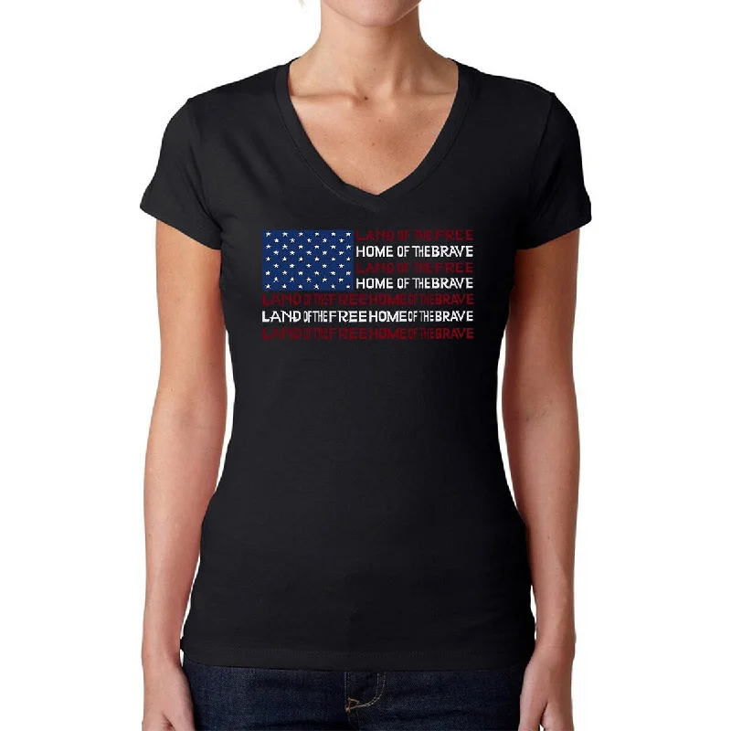 LA Pop Art Women's Word Art V-Neck T-Shirt - Land of the Free American Flag