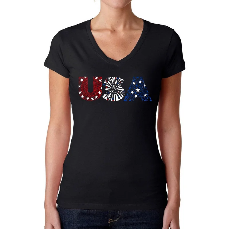 LA Pop Art Women's Word Art V-Neck T-Shirt - USA Fireworks