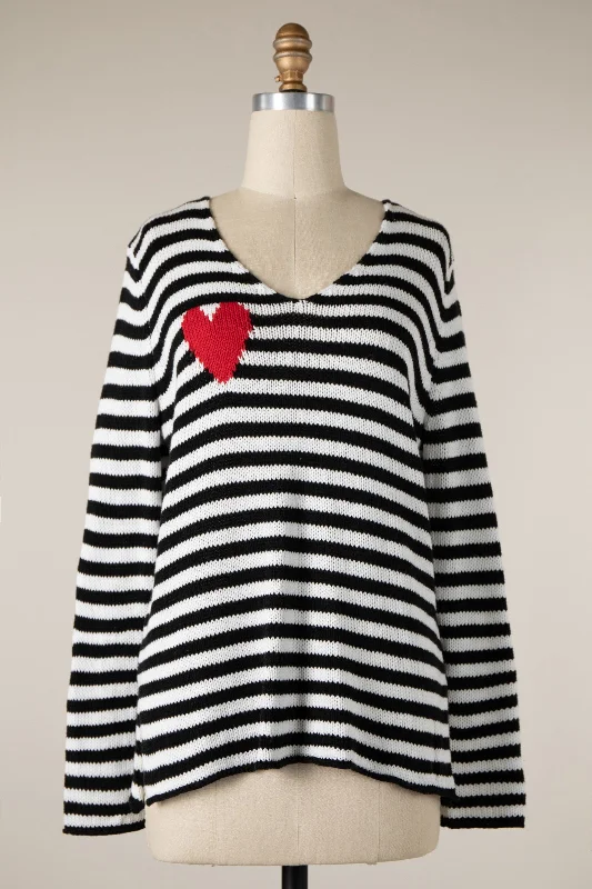 STRIPED V-NECK HEART SWEATER