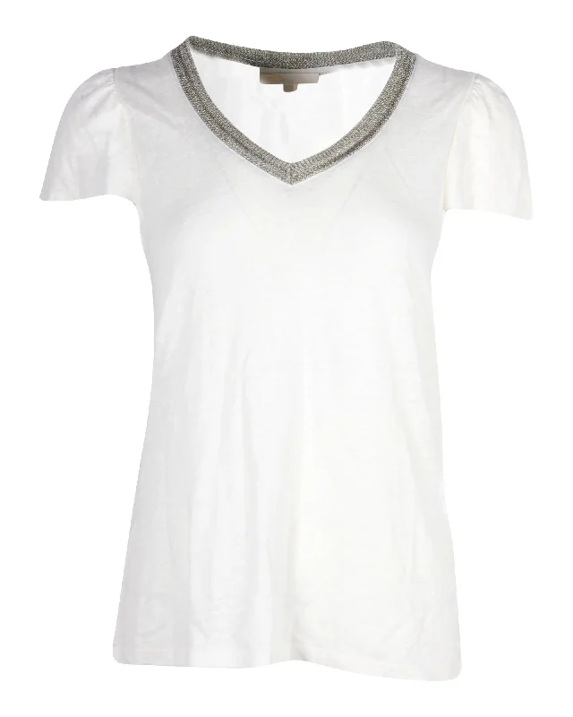 Maje Tellor Embellished V-neck T-shirt in White Cotton