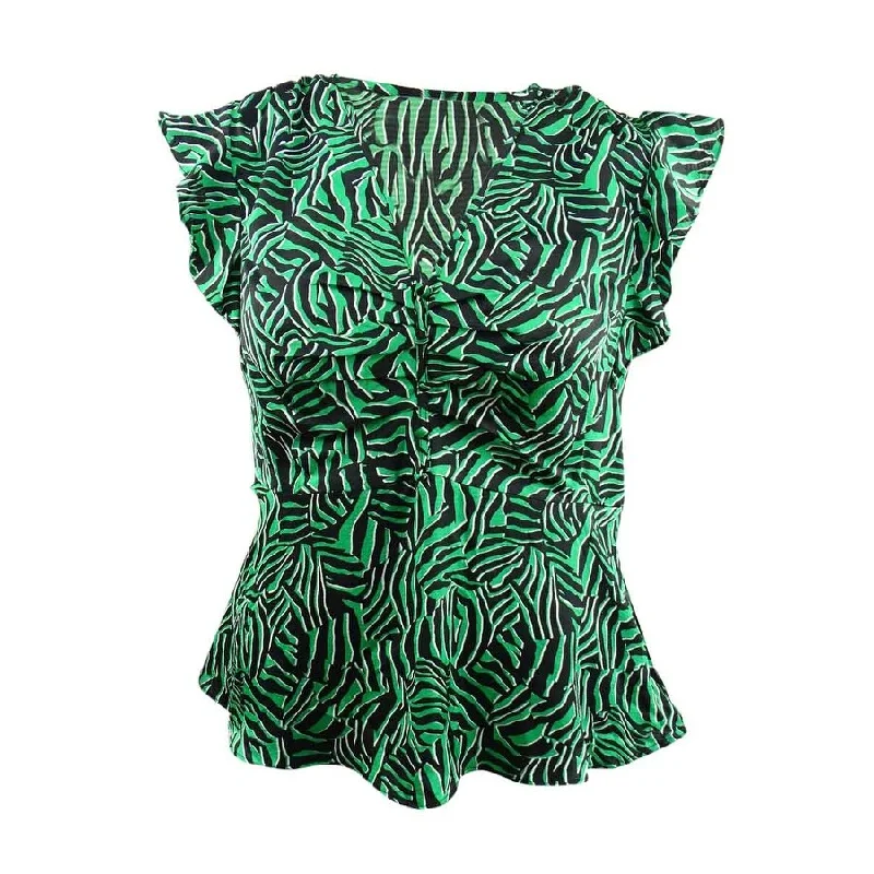 MICHAEL Michael Kors Women's Zebra-Print V-Neck Flounce Blouse (L, Spring Green)