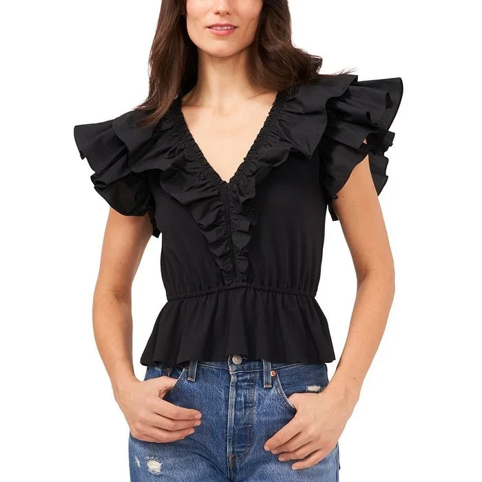 Riley & Rae Women's Ruffled V Neck Blouse Black Size Medium