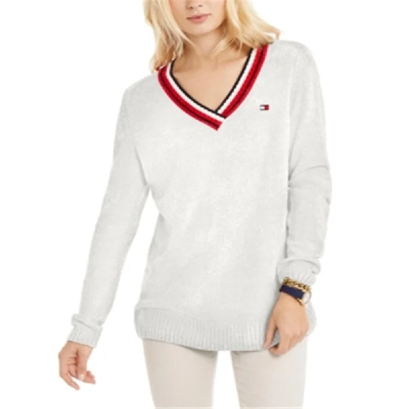 Tommy Hilfiger Women's Chenille Ribbed Trim Long Sleeve V Neck Sweater White Size X-Large