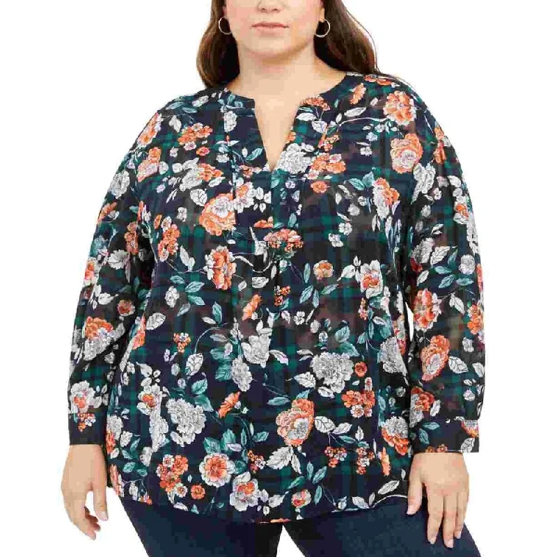 Tommy Hilfiger Women's Floral Long Sleeve V Neck T-Shirt Top Navy Size 2X