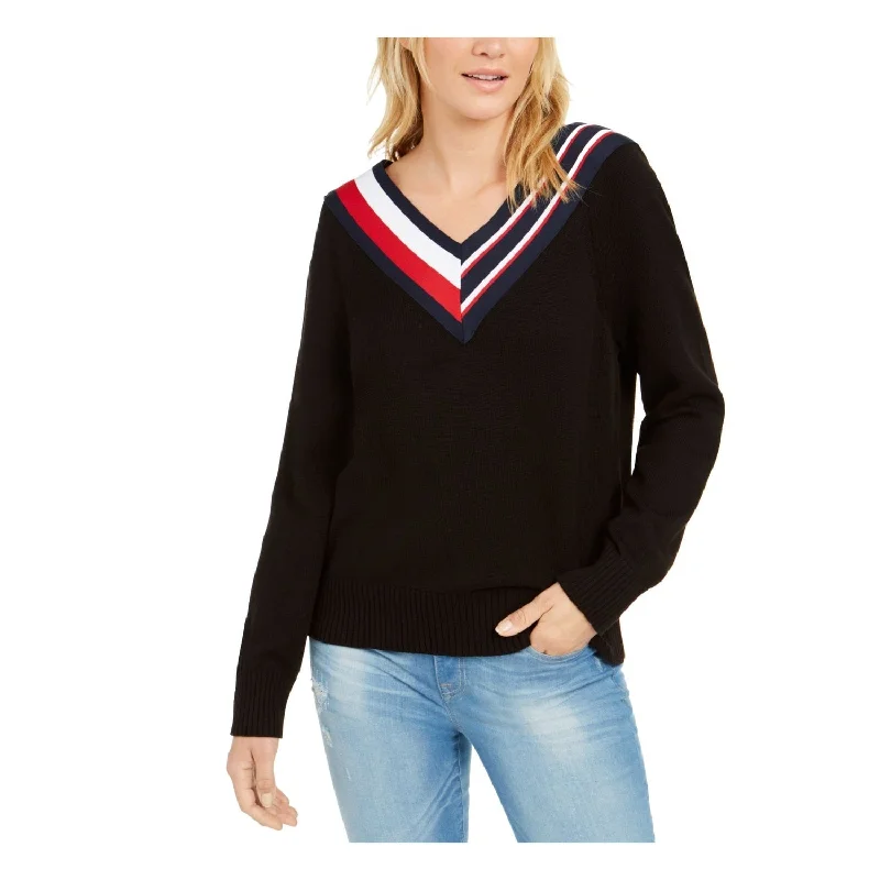 Tommy Hilfiger Women's Long Sleeve V Neck T-Shirt Sweater Black Size Small