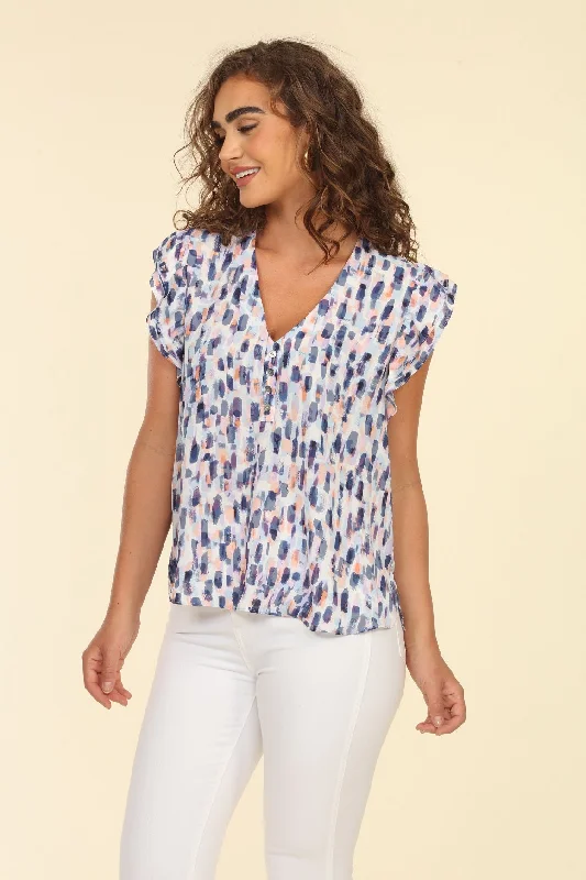 V Neck Button Ruffle Top