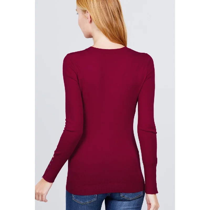 V-neck Sweater W/rivet Button