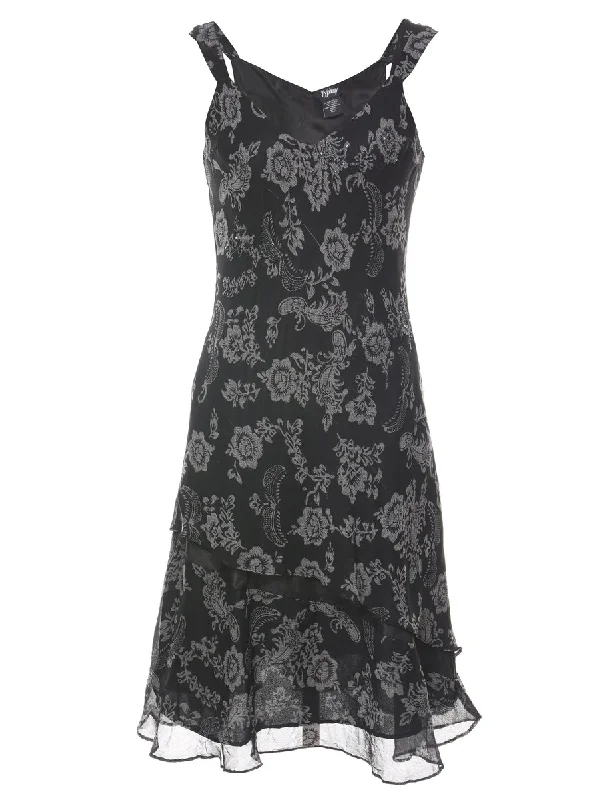 Black Beaded Floral Pattern Party Dress - M