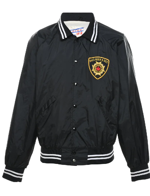 Black Embroidered Bass River & Dist Nylon Bomber Jacket - L