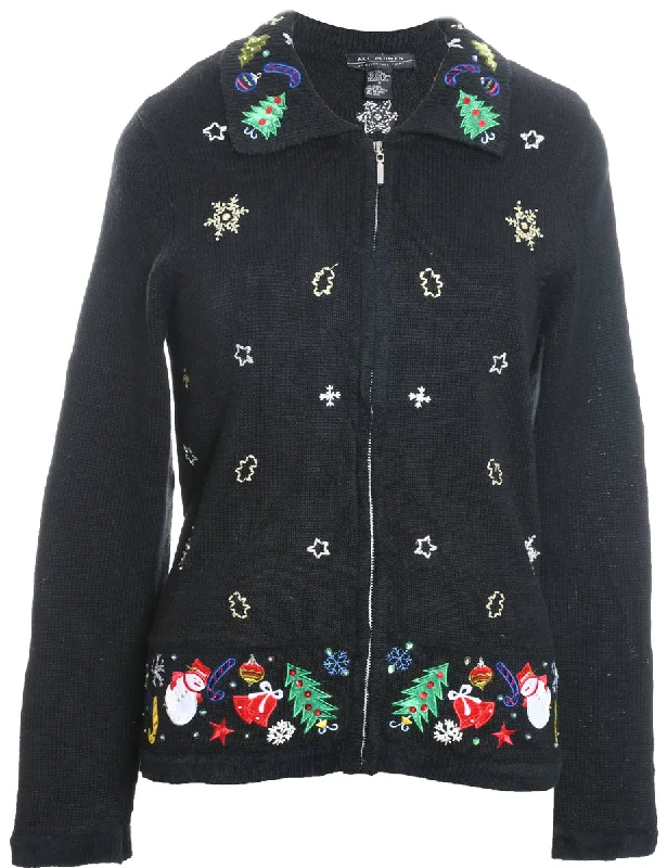 Black Embroidered Christmas Cardigan - S