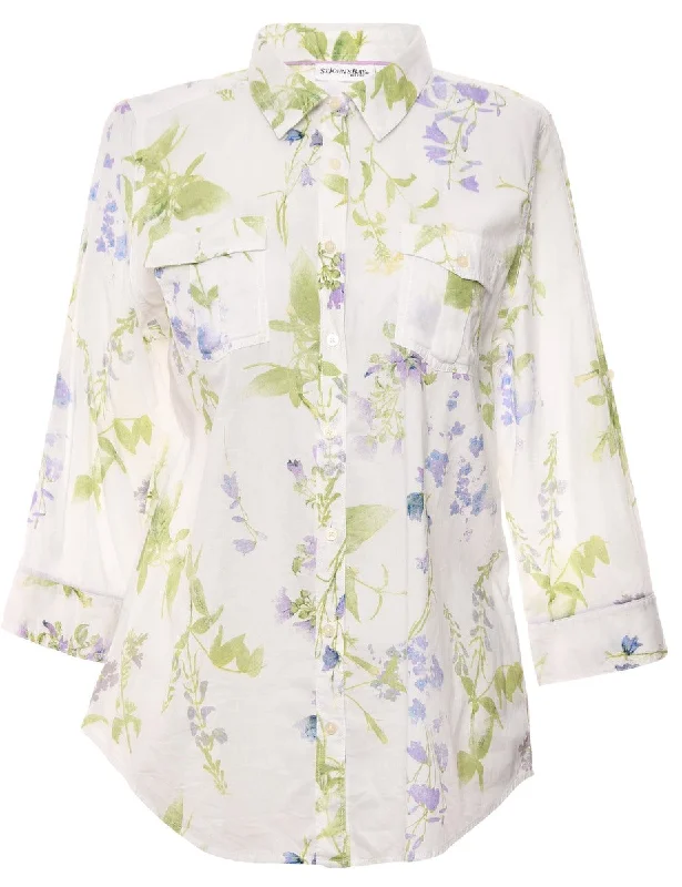 Button-Front White & Lilac Floral Shirt - L