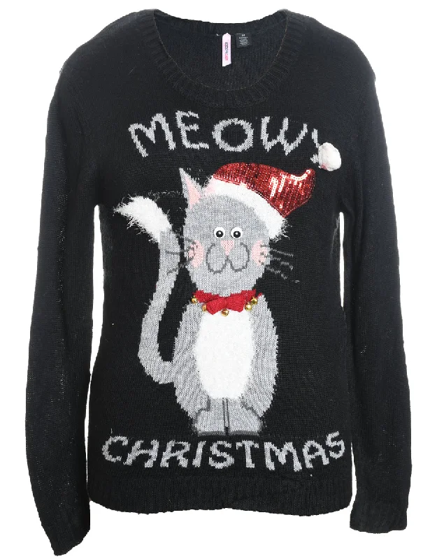 Cat Design Black Knit Christmas Jumper - M