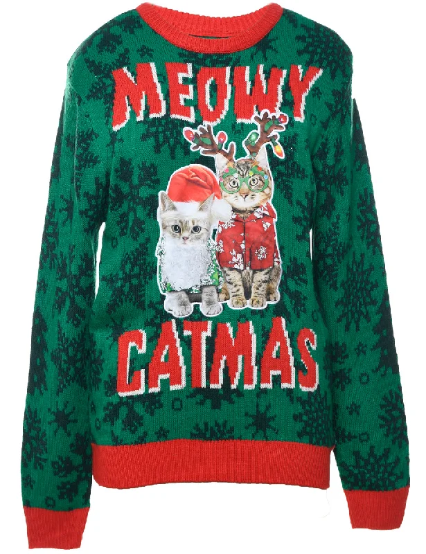 Cat Printed Christmas Jumper - M