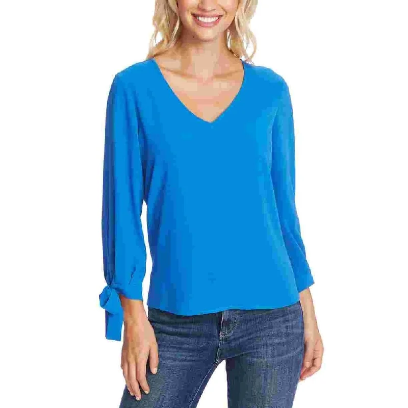 CeCe Women's 3/4 Sleeve V Neck Blouse With Sleeve Ties Blue Size Small