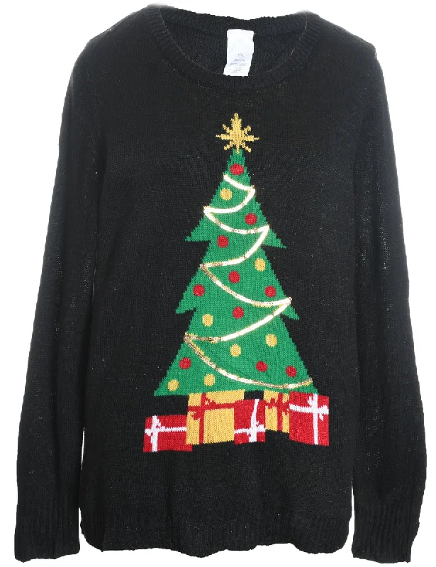 Christmas Tree Design Black Knit Jumper - XL