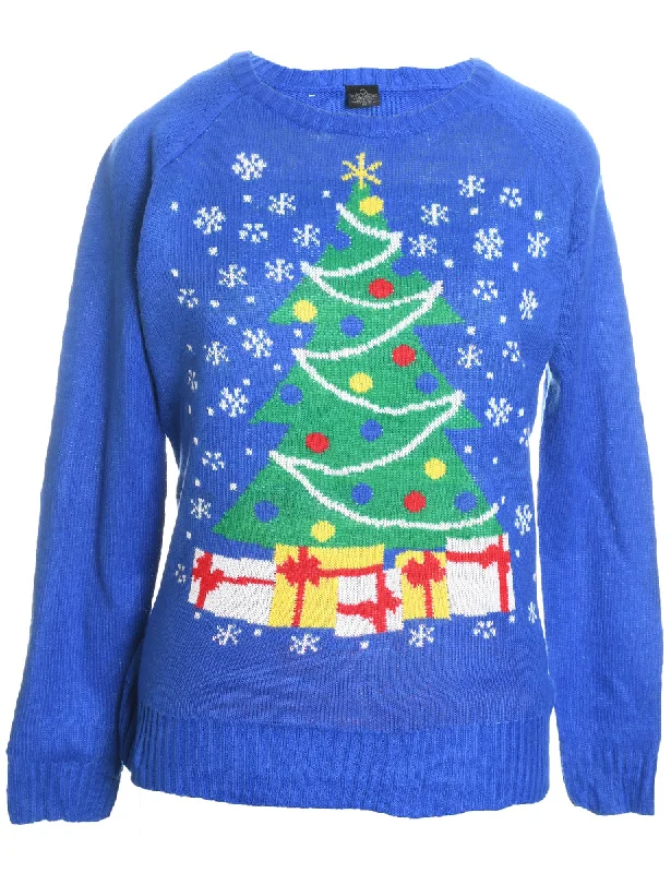 Christmas Tree Design Blue Knit Jumper - M