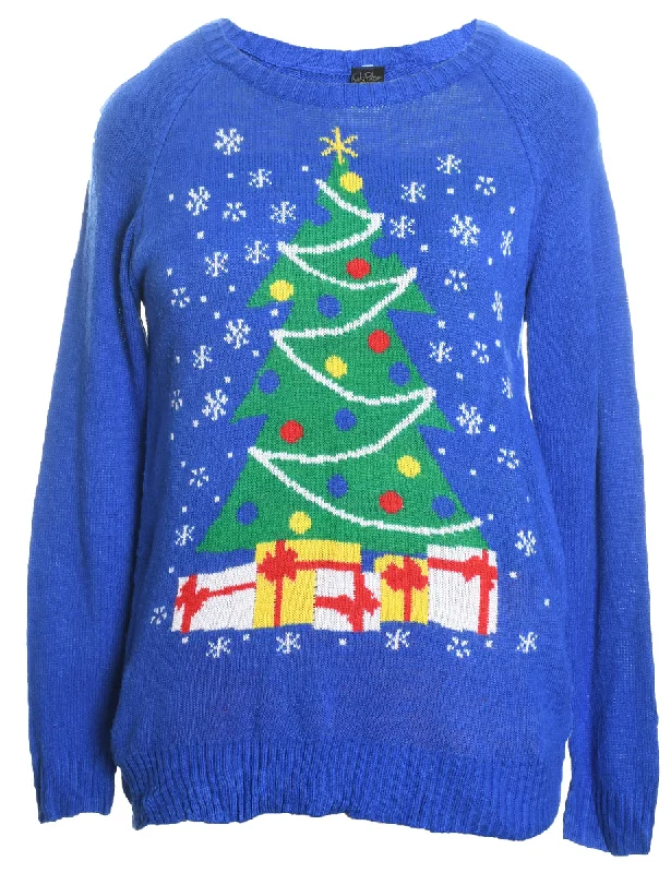 Christmas Tree Design Blue Knit Jumper - M