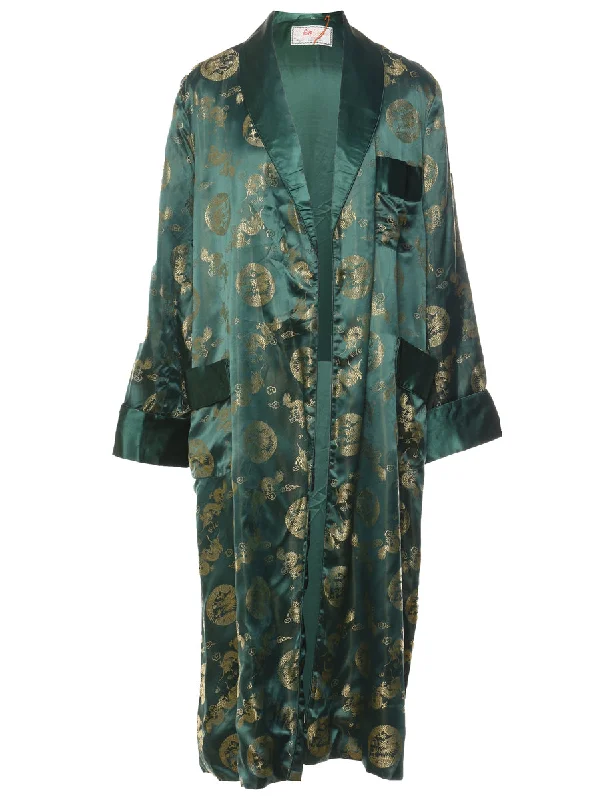 Dark Green & Gold Patterned Metallic Dressing Gown - L