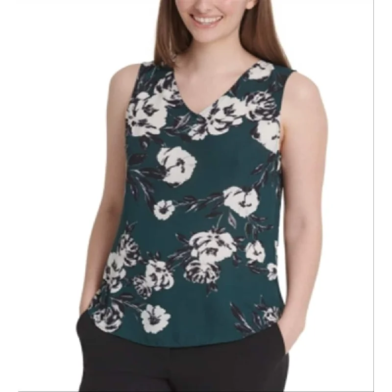 DKNY Women's Floral Print V Neck Top Green Size Small