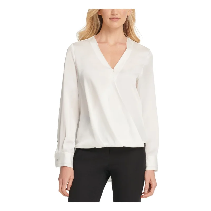 DKNY Women's Long Sleeve V Neck Top White Size Small