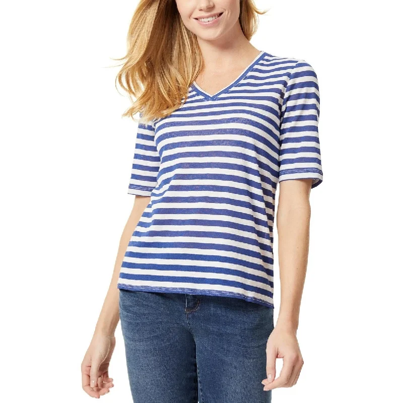 Jones New York Womens Striped V Neck T Shirt Blue Size Large