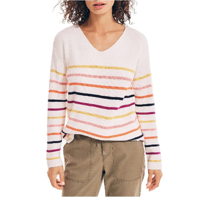 Nautica Women's Striped V Neck Sweater White Size X-Large