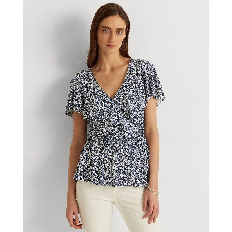 Ralph Lauren Women's Ruffled Tie Hook And Eye Front Floral Flutter Sleeve V Neck Peplum Top Blue Size Large