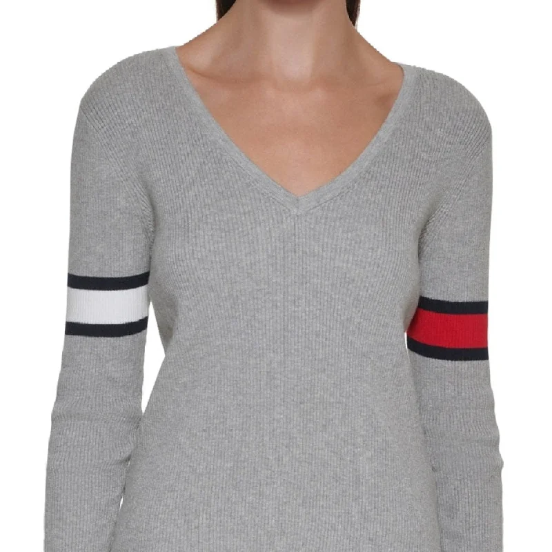 Tommy Jeans Women's Cotton V Neck Flag Sleeve Sweater Gray Size Large