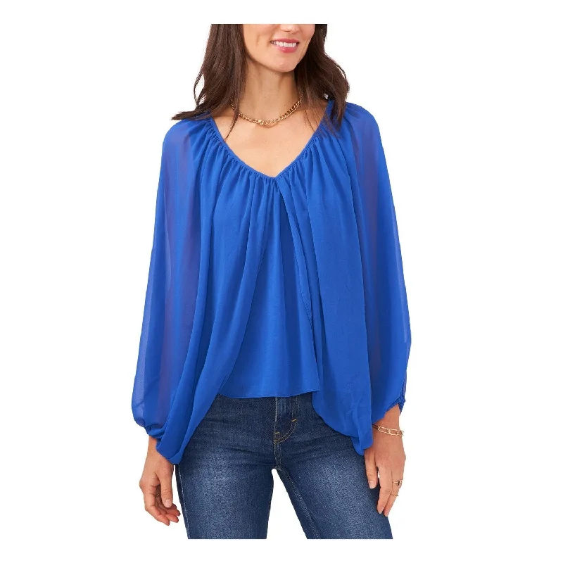 Vince Camuto Women's Sheer Cape Like Long Sleeves V Neck Top Blue Size Medium