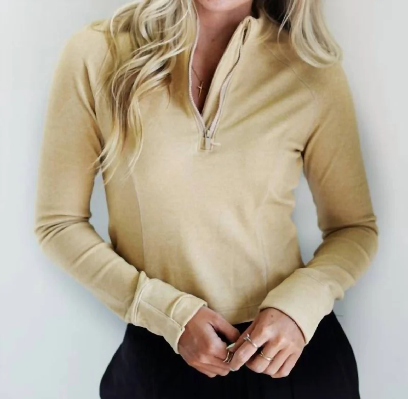 Brushed Half Zip Long Sleeve Top In Camel