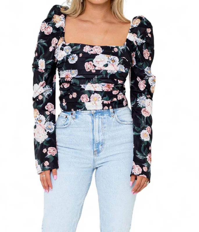 Dutchess Pleated Long Sleeve Top In Sleeping Garden