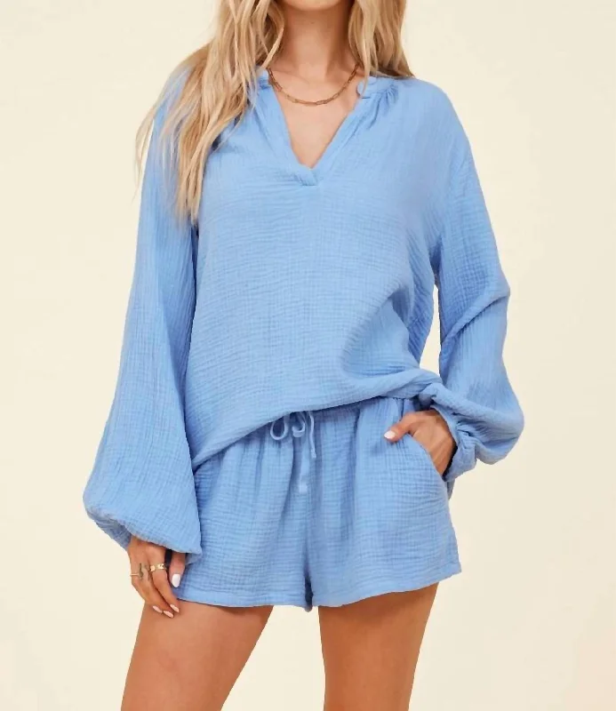 Santa Fe Gauze Long Sleeve Top In Azure