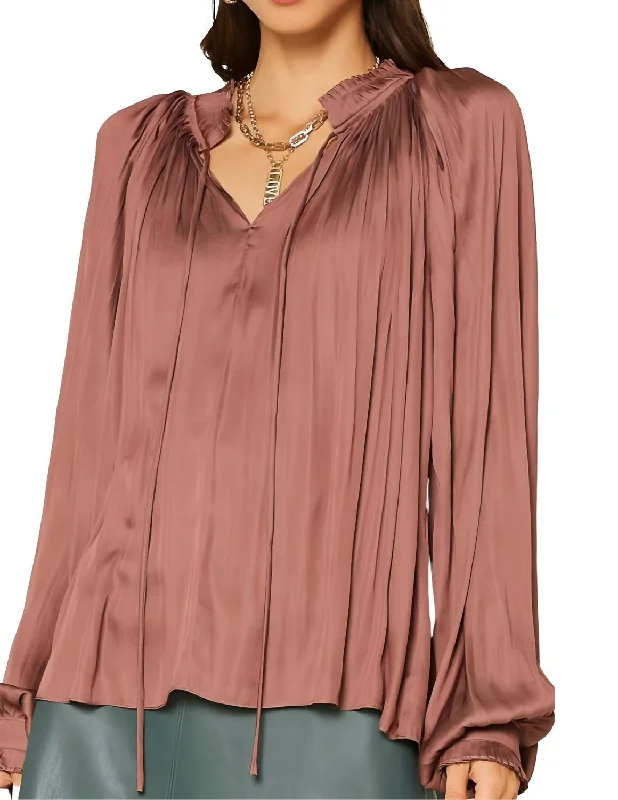 Split Neck Long Sleeve Top In Deep Rose Gold