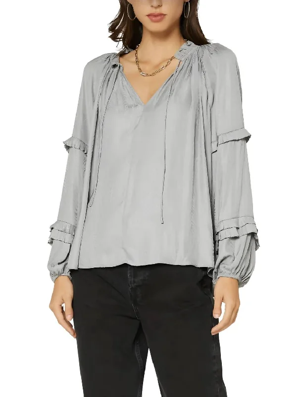 Split Neck Long Sleeve Top In Grey Marble