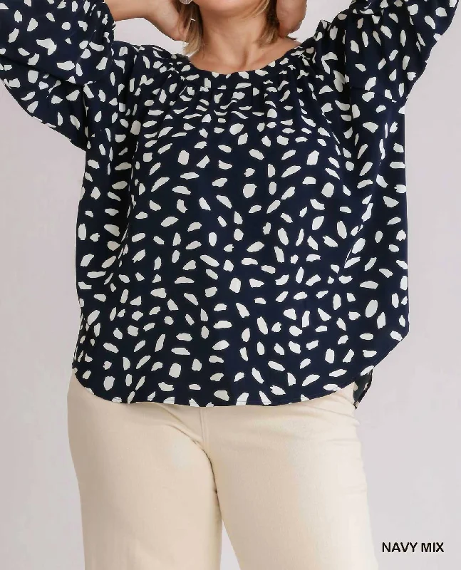 Animal Print Round Neck Long Sleeve Top In Navy