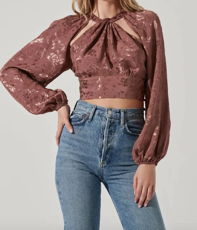 Betsy Floral Cutout Long Sleeve Top In Brown Jacquard