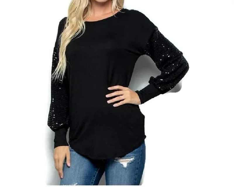 Contrast Sequin Long Sleeve Top In Black