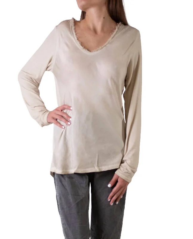 Rita Raw Edge Long Sleeve Top In Beige