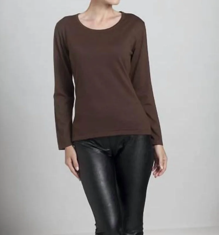 Scoop Neck Long Sleeve Top In Brown